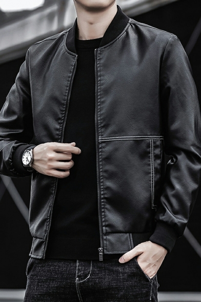 Retro Mens Jacket Solid Pocket Detailed Stand Collar Long Sleeve Zip Closure PU Jacket