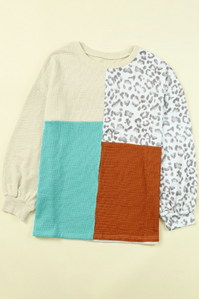 Creative Mens Sweatshirt Leopard Printed Long Sleeve Crew Neck Color Block Sweatshirt
