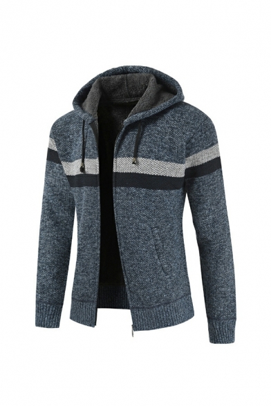 Fancy Cardigan Contrast Heathered Hooded Brushed Full Zip Ribbed Trim Cardigan for Men