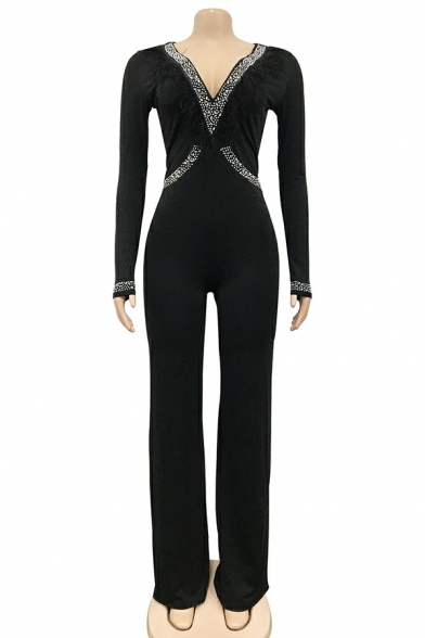 Fashion Women Bodysuit Solid V Neck Diamond Design Long Sleeve Long Length Bodysuit