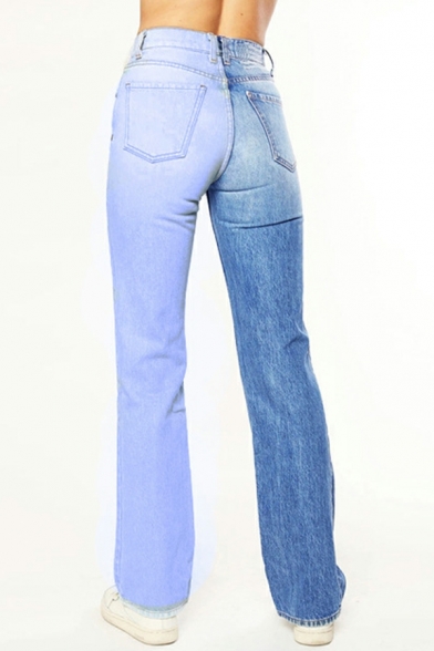 Girls Chic Jeans Color Block Full Length Pocket High Waist Zip Closure Jeans
