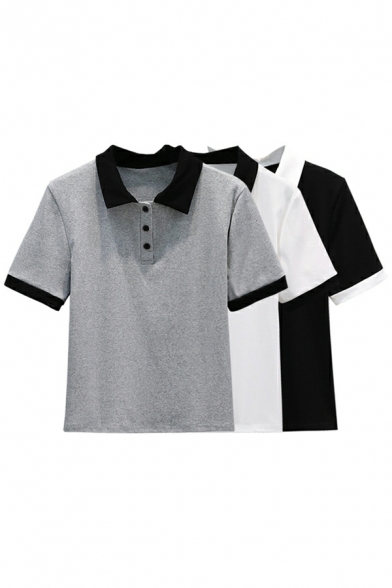 Girls Street Look Polo Shirt Point Collar Color Block Short Sleeves Button-up Polo Shirt