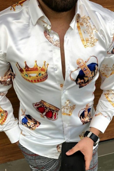 Men Trendy Shirt Crown Pattern Slimming Turn-down Collar Long Sleeve Button down Shirt