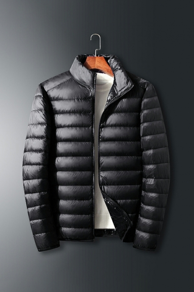 Mens Pop Parka Coat Solid Color Regular Long Sleeves Stand Collar Full Zipper Parka Coat