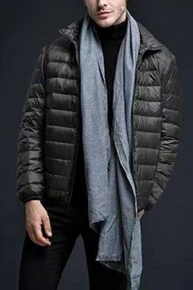 Mens Trendy Coat Plain Pocket Decoration Stand Collar Long Sleeves Zip Down Puffer Jacket