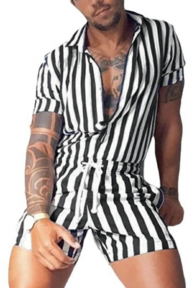 Simple Rompers Striped Print Drawstring Short Sleeve Turn-down Collar Rompers for Men
