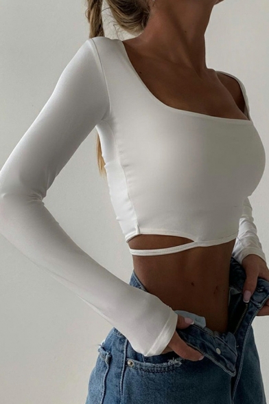 Street Style Cropped T-Shirt Plain Square Collar Long Sleeves T-Shirt for Women