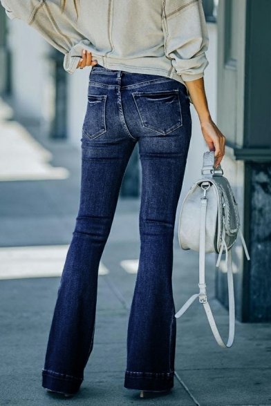 Trendy Jeans Plain Long Length Pocket Mid Rise Zip Placket Bootcut Jeans for Girls