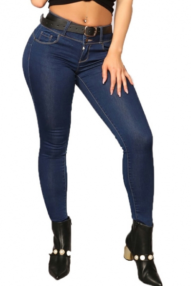 Women Cozy Jeans Solid Color High Rise Long Length Skinny Zipper Jeans