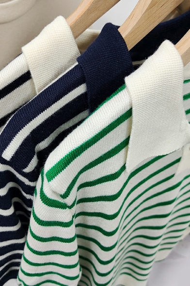 Casual Women Polo Shirt Stripe Pattern Spread Collar Short Sleeves Button down Polo Shirt