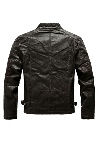 Cool Jacket Pure Color Pocket Long Sleeve Stand Collar Slim Zip-up Leather Jacket for Guys