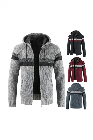 Fancy Cardigan Contrast Heathered Hooded Brushed Full Zip Ribbed Trim Cardigan for Men