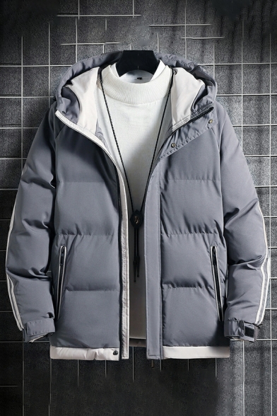 Guy's Novelty Parka Coat Contrast Line Pocket Baggy Hooded Long Sleeve Zipper Parka Coat