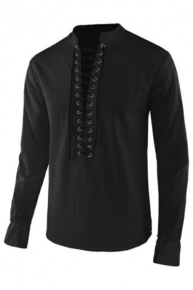 Hot Guys Tee Top Whole Colored Stand Collar Long-Sleeved Cross Tie Detail Tee Shirt