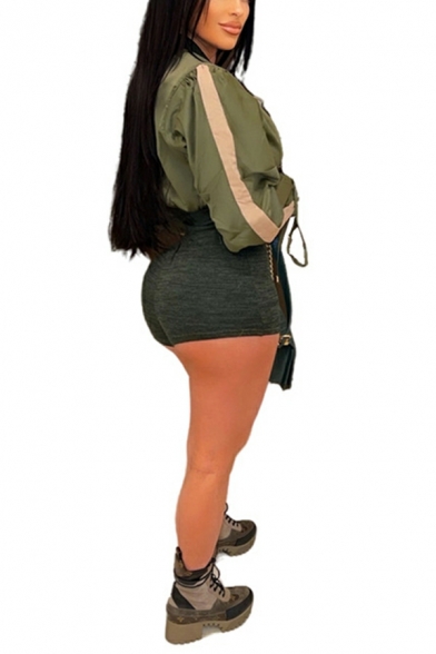 Ladies Dashing Bodysuit Stripe Patternlong-sleeved Stand Collar Zipper Mini Bodysuit
