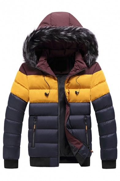 Mens Vintage Parka Coat Color Block Long Sleeves Regular Hooded Zipper Puffer Jacket
