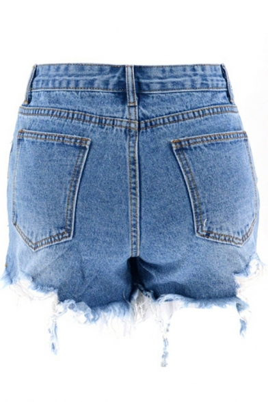 Novelty Ladies Shorts Solid Color High Rise Ripped Detailed Denim Zipper Shorts