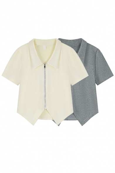 Polo Collar Short Sleeve T-Shirt Women's Summer Short Irregular Design Zipper T-Shirt