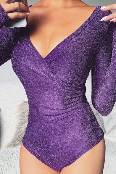 Sexy V-Neck Bodysuit Women's Fashion Long Sleeve Plain Purple Rompers