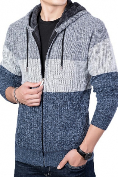 Velvet Autumn and Winter Cardigan Sweater Color Block Loose Trend Handsome Hooded Cardigan