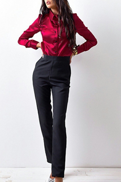Women's Long Sleeve Shirt Elegant Lapel Plain Button-Down Shirt