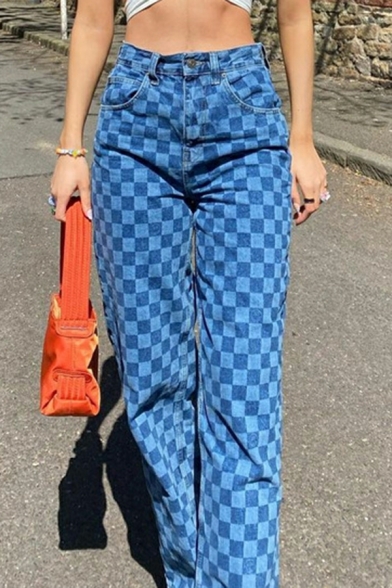 Autumn Vintage Wide Trousers Ins Checkerboard Lattice Loose Old Straight Casual Jeans