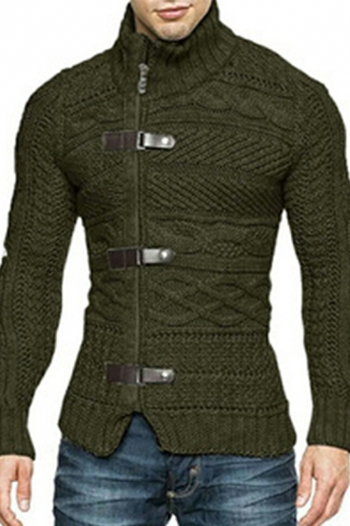 Autumn Winter New Pullover Thickened High Collar  Long-sleeved Leather Button Knit Sweater