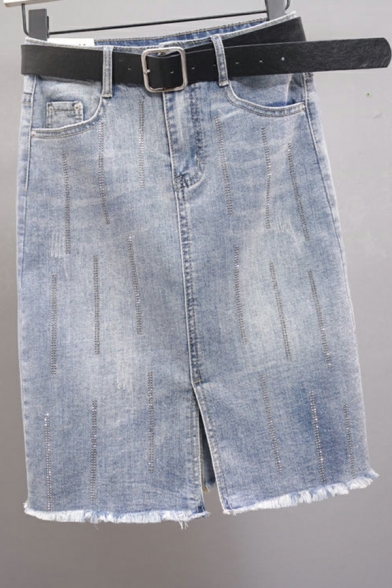 Boyish Skirt Pure Color Mid Rise Split Front Pocket Denim Mini Skirt for Ladies
