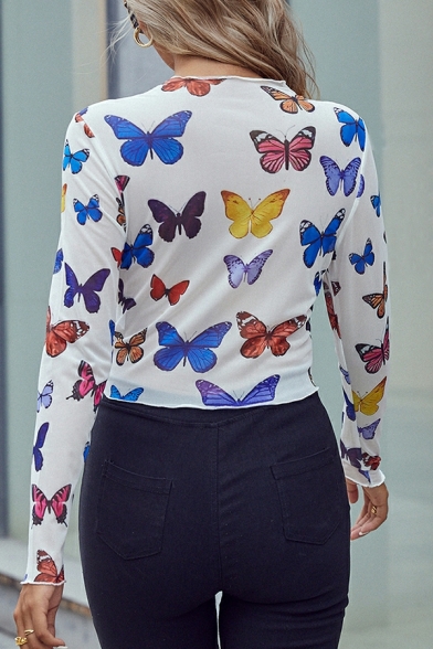 Edgy Tee Shirt Butterfly Print Round Neck Long Sleeves Perspective Tee Top for Ladies