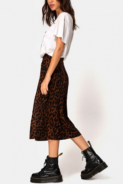 Edgy Women Skirt Leopard Print Slit Detail Elastic Waist Midi A-Line Skirt