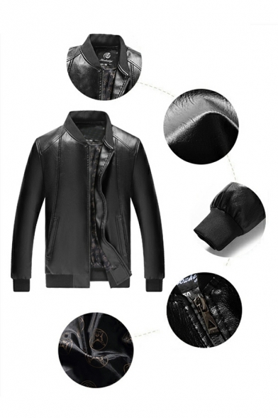 Fancy Jacket Contrast Trim Long Sleeves Fitted Zip Placket Stand Collar PU Jacket for Men