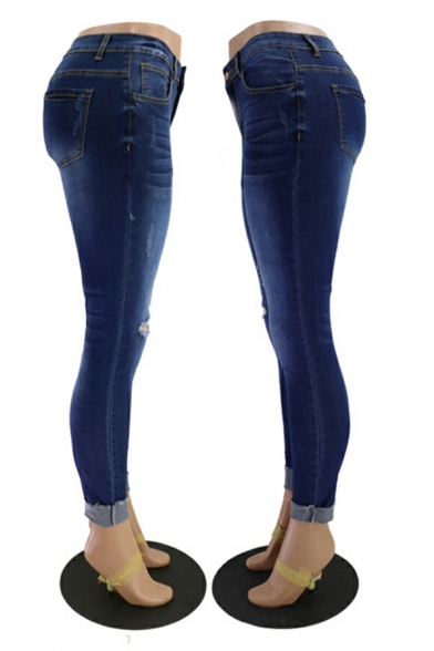 Fashion Girls Jeans Plain Pocket Skinny Long Length Mid Rise Cut-outs Zip Fly Jeans