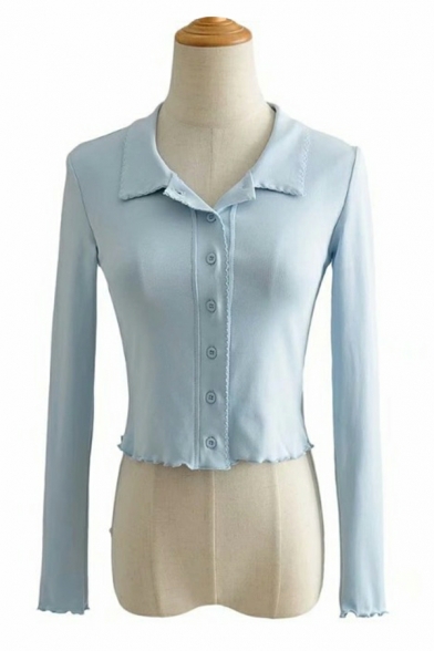 Girls Trendy Polo Shirt Pure Color Spread Collar Button down Long-sleeved Slim Polo Shirt