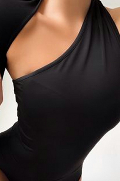 Irregular One Shoulder Long Sleeve Rompers Women V-neck Plain Bodysuit