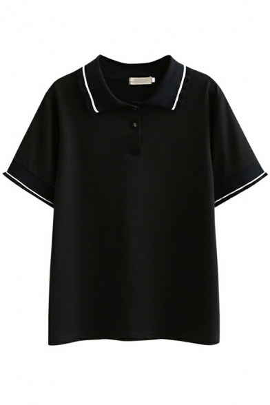 Ladies Fashionable Polo Shirt Stripe Print Short Sleeve Point Collar Button-up Polo Shirt