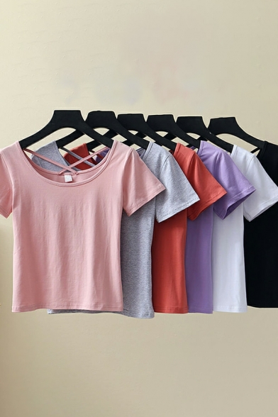 Modern Tee Shirt Plain Cross Back Short Sleeves Round Collar Crop Tee Shirt for Women