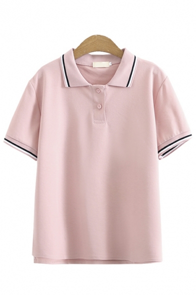 Novelty Women Polo Shirt Contrast Stripe Spread Collar Short Sleeves Button-up Polo Shirt