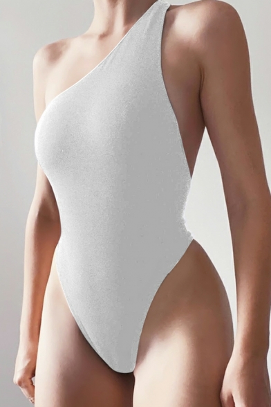 Pop Bodysuit Pure Color One Shoulder Sleeveless Bodysuit for Women
