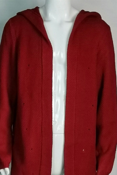 Simple Cardigan Solid Color Hooded Open Front Ribbed Trim Cardigan for Men