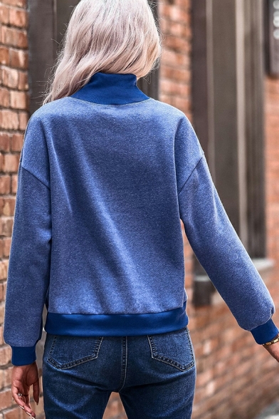 Women Fashionable Sweatshirt Contrast Color Chest Pocket Long-Sleeved High Neck Sweatshirt