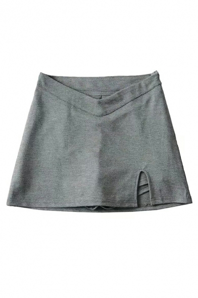 Boyish Ladies Skirt Pure Color High V Waist Split Front Mini Length A-Line Skirt