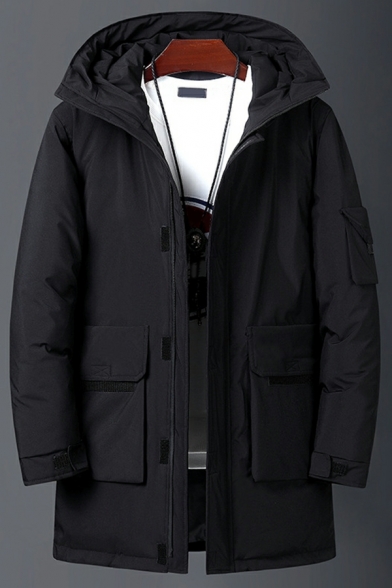Chic Parka Coat Solid Hooded Baggy Long Sleeves Flap Pocket Zip Fly Parka Coat for Men