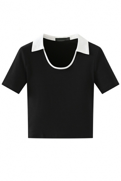 Cool Polo Shirt Contrast Color Scoop Collar Short-sleeved Cropped Polo Shirt for Girls