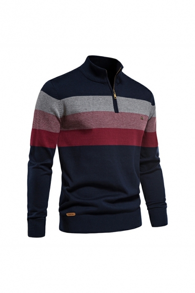 Guys Fancy Sweater Stripe Print Standcollar Long Sleeve Skinny 1/4 Zipper Sweater