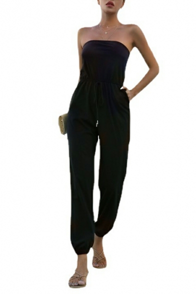 Hot Women Jumpsuits Solid Color Wrap Sleeveless Relaxed Pocket Jumpsuits