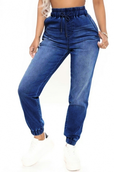 Ladies Casual Jeans Whole Colored Pocket High Rise Drawstring Waist Ankle Length Jeans