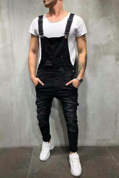 Men Casual Overalls Pure Color Distressed Designed Sleeveless Pocket Skinny Overalls