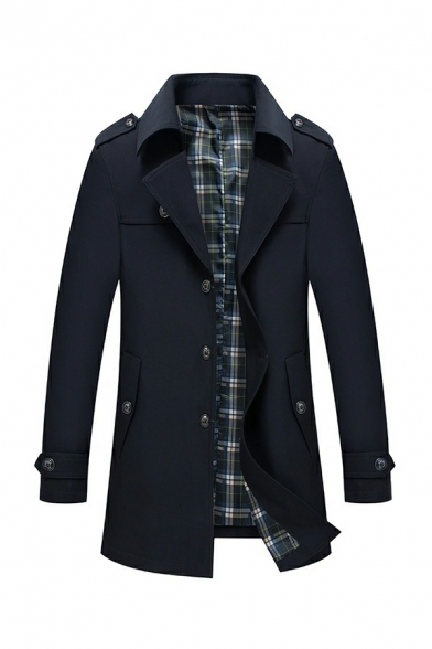 Mens Cool Coat Pure Color Long-Sleeved Lapel Collar Regular Fit Button Closure Trench Coat