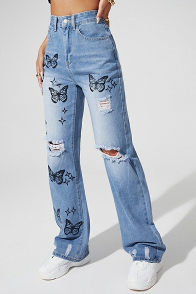 Simple Jeans Butterfly Pattern Broken Hole High Waist Zipper Bootcut Jeans for Women