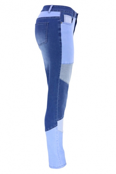 Street Look Ladies Jeans Contrast Stitching Pocket Full Length High Rise Zip-up Jeans
